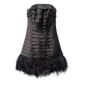 Maggie Sottero Black Strapless Feather Trim Cocktail Dress Size 4 New